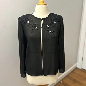 Adrianna Papell Evening Black Sheer Cardigan Blouse Beaded and Embroidered Sz PM